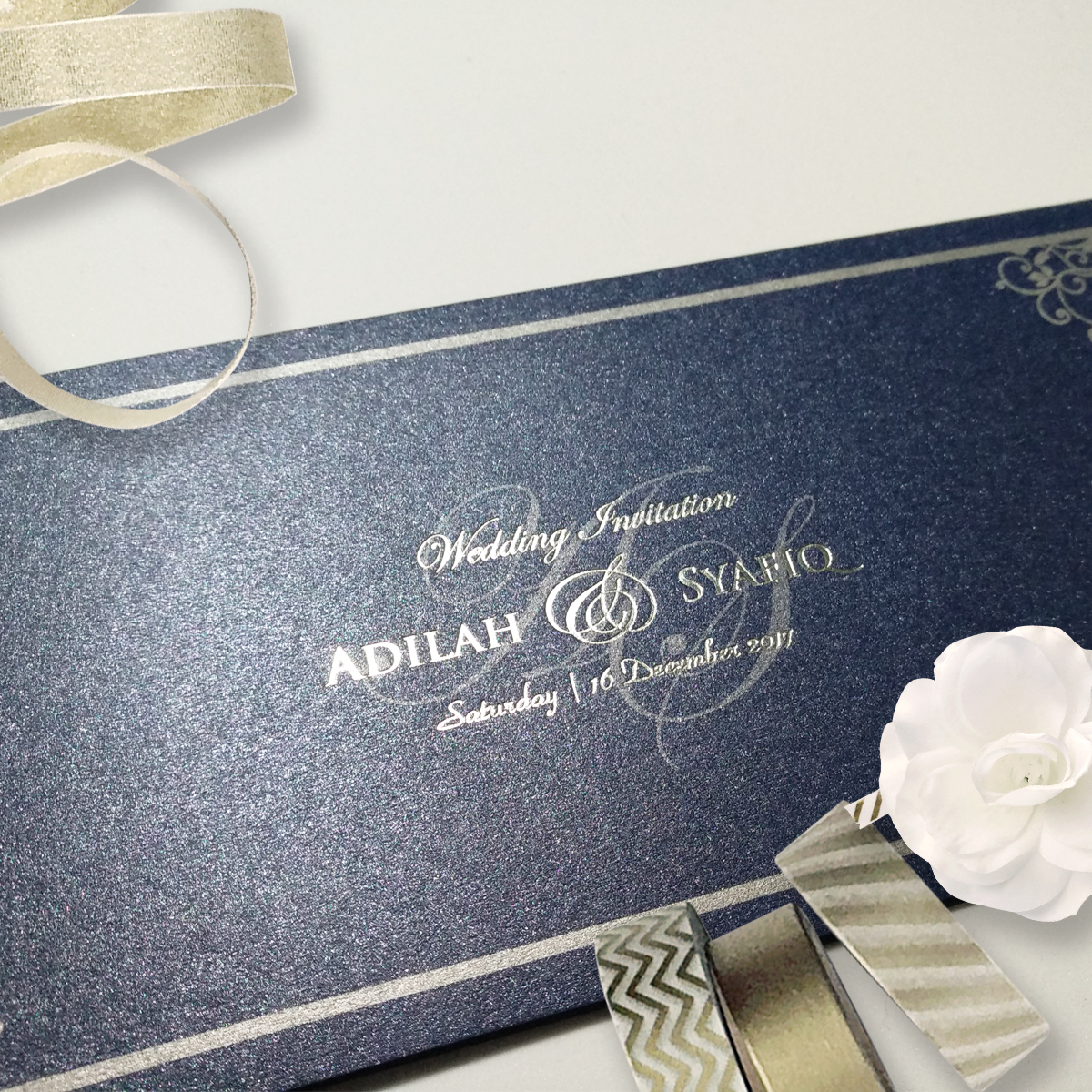 jentayu design kad kahwin venus balqis series vip metallic dark blue hot stamping silver inlay or print on card wedding cards malaysia 